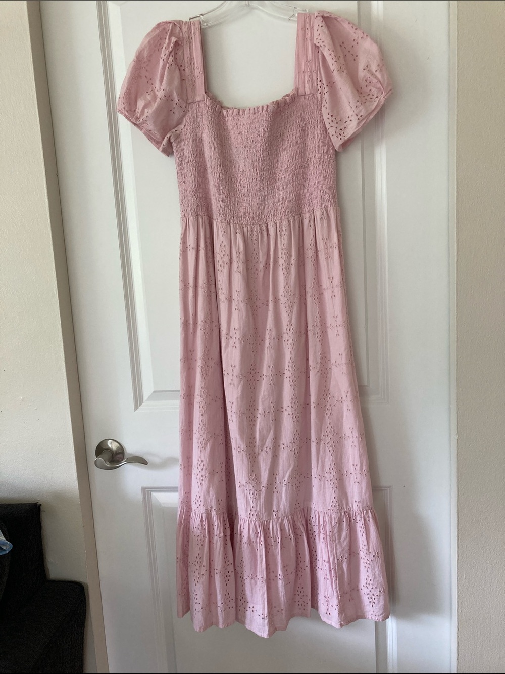 Maison Me Pink Eyelet Embroidered Smocked Puff Sleeve Midi Dress